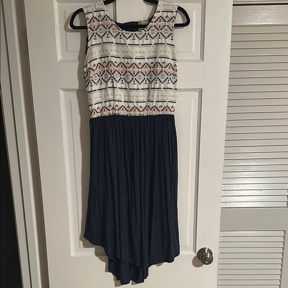 Anthropologie Patterned Dress with Soft Thick Cotton Navy Accents and Skirt